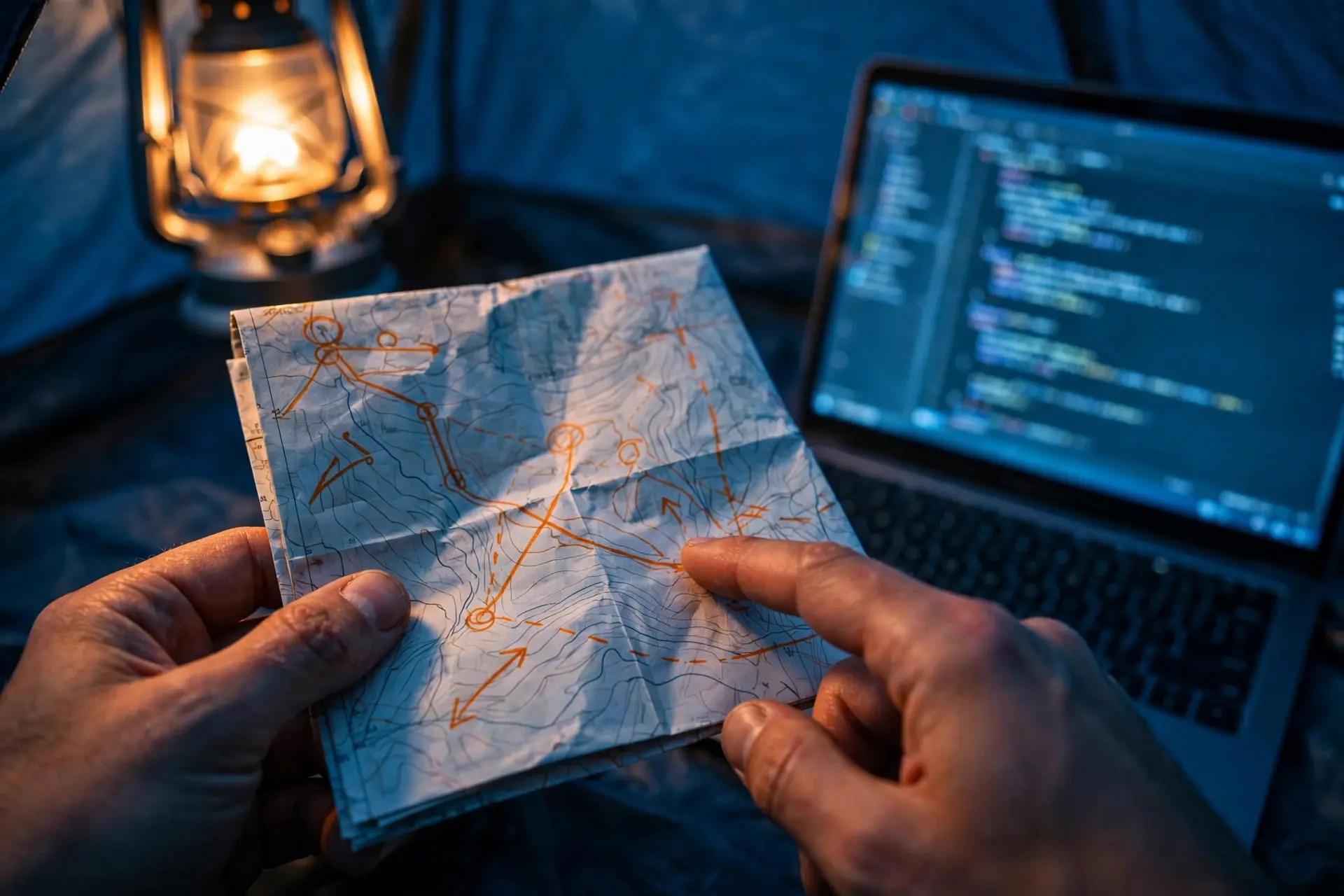 Hands unfolding a worn paper map beside a lantern and a laptop showing code.