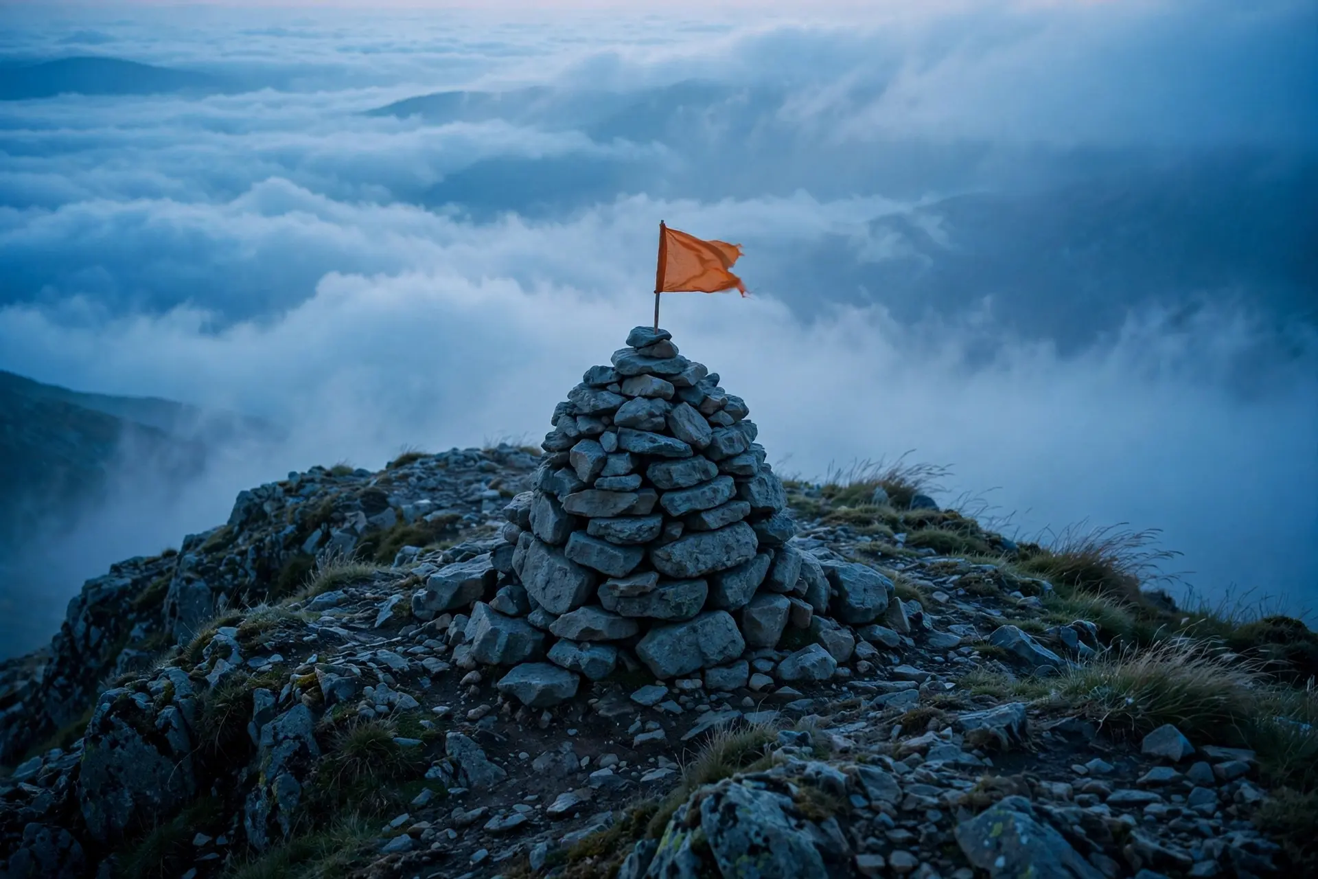 A stacked stone cairn with an orange flag above a sea of clouds at dusk.