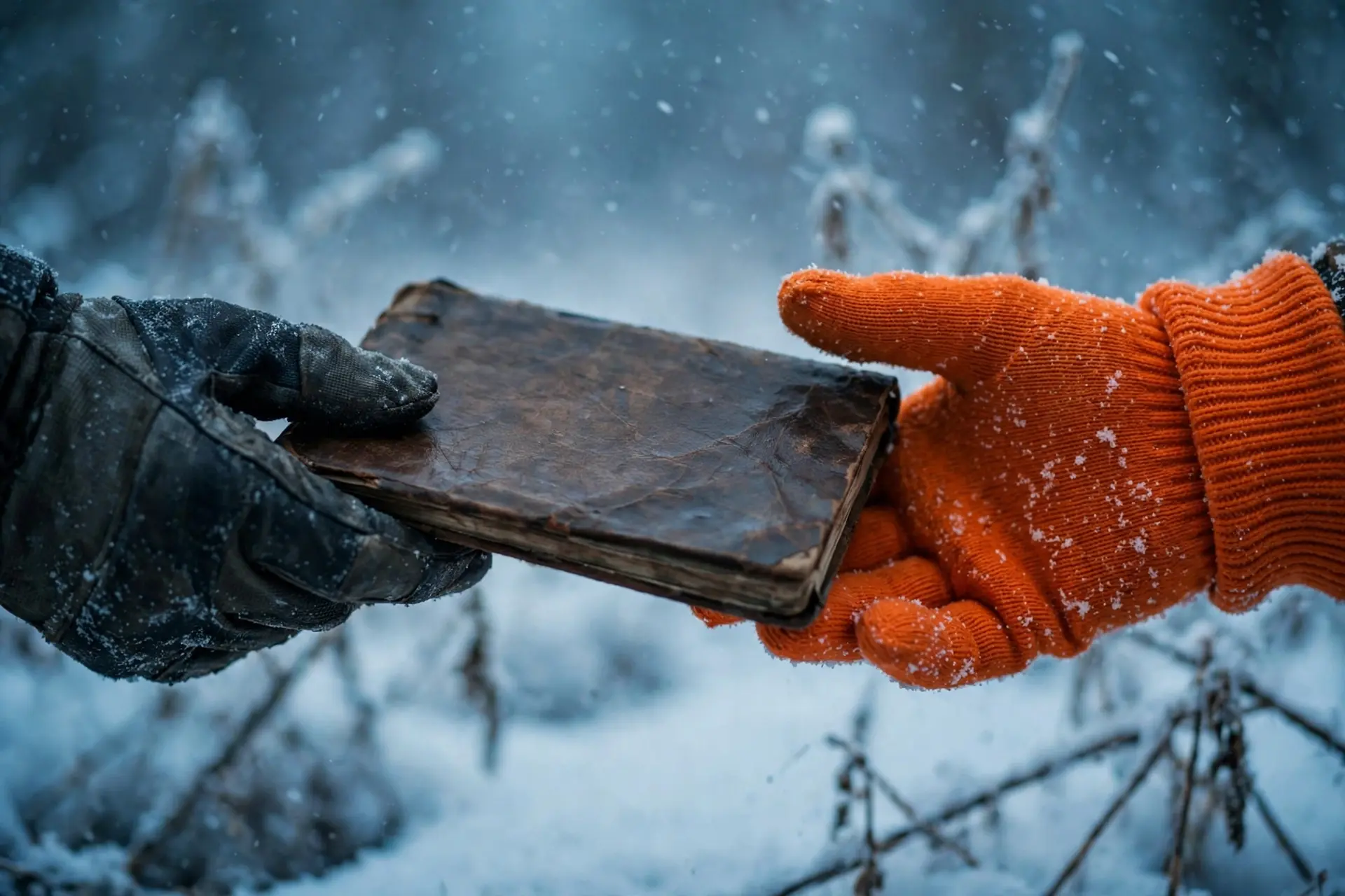 A worn leather notebook passed from a dark glove to an orange glove in falling snow.