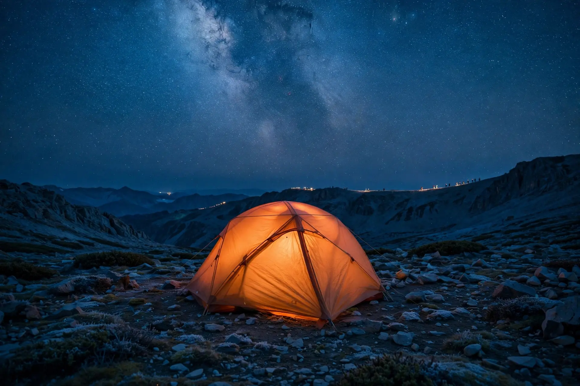 A glowing orange tent pitched under a sky full of stars.