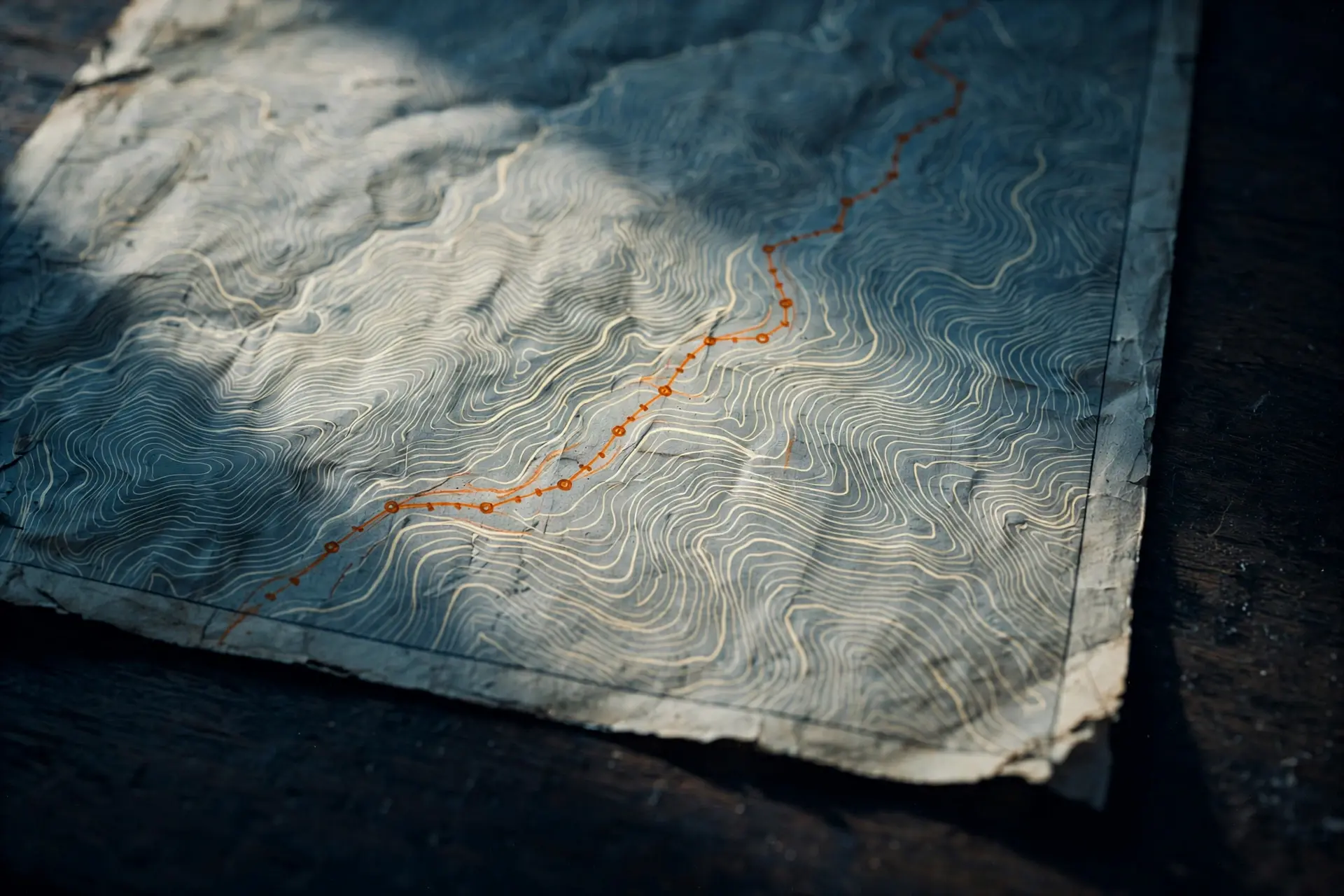 A worn topographic map with an orange route marked across its contour lines.