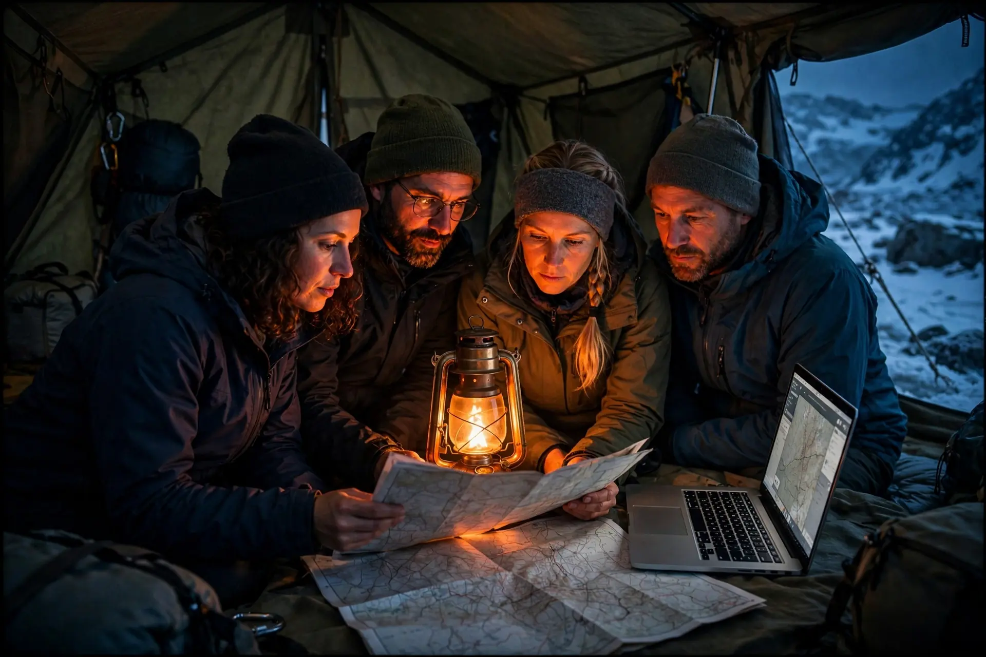 Four climbers in a tent at night, gathered around a lantern, a paper map and a laptop.